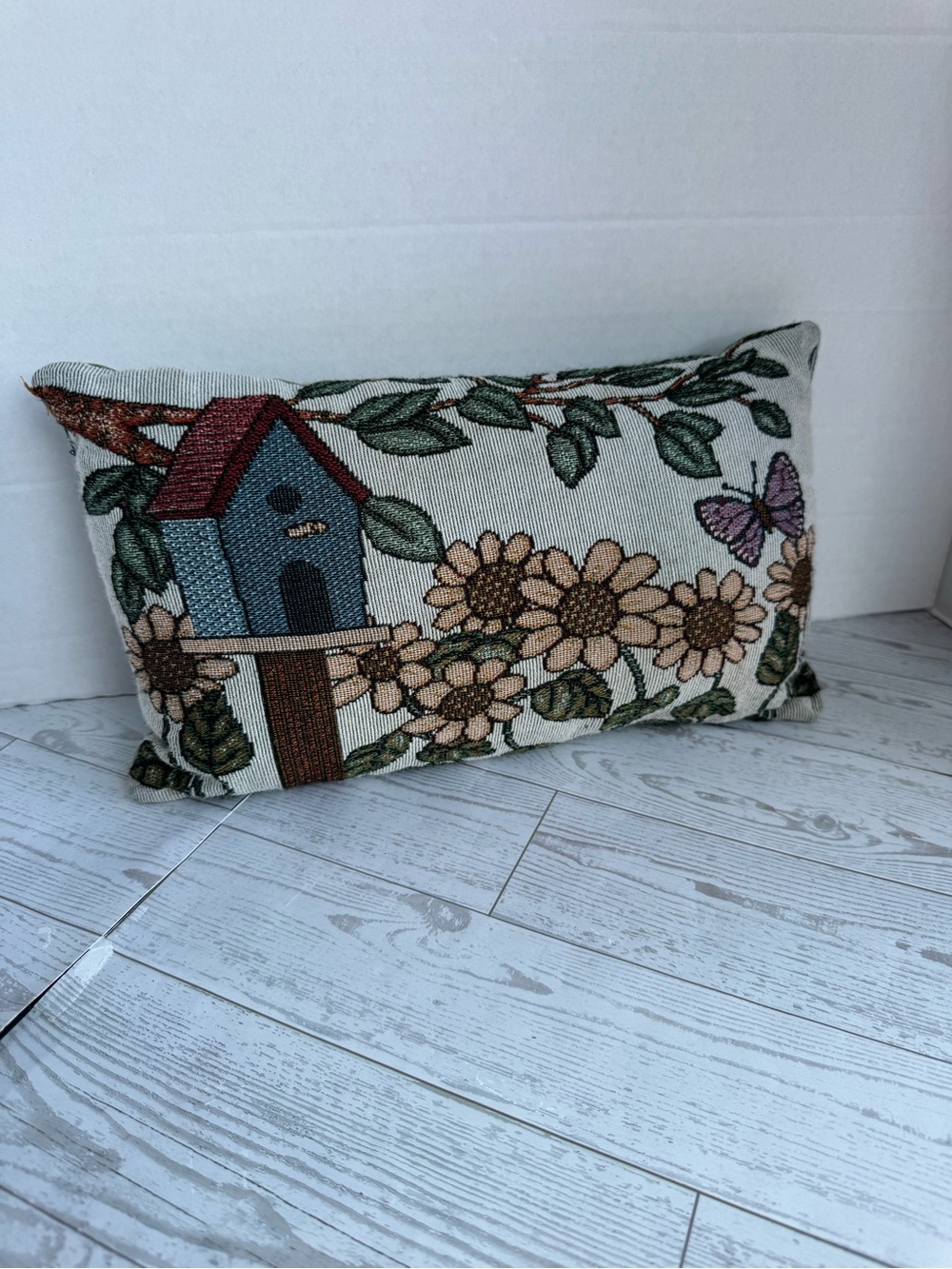 Birdhouse & Floral Tapestry Throw Pillow - Blue, Brown, Green